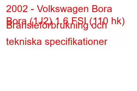 2002 - Volkswagen Bora
Bora (1J2) 1.6 FSI (110 hk) Bränsleförbrukning och tekniska specifikationer