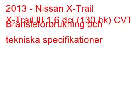 2013 - Nissan X-Trail
X-Trail III 1.6 dci (130 hk) CVT Bränsleförbrukning och tekniska specifikationer