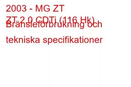 2003 - MG ZT
ZT 2.0 CDTi (116 Hk) Bränsleförbrukning och tekniska specifikationer