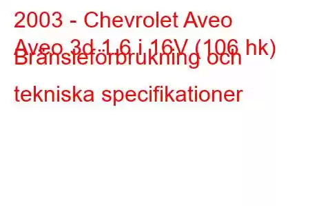 2003 - Chevrolet Aveo
Aveo 3d 1.6 i 16V (106 hk) Bränsleförbrukning och tekniska specifikationer