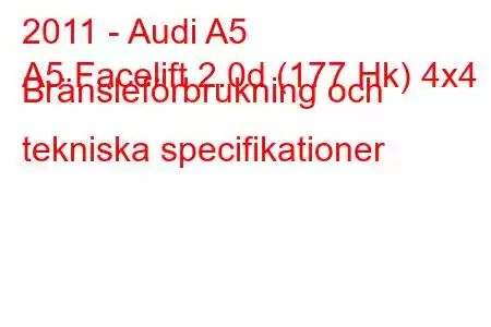 2011 - Audi A5
A5 Facelift 2.0d (177 Hk) 4x4 Bränsleförbrukning och tekniska specifikationer