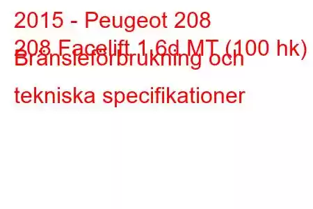 2015 - Peugeot 208
208 Facelift 1.6d MT (100 hk) Bränsleförbrukning och tekniska specifikationer