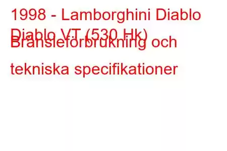 1998 - Lamborghini Diablo
Diablo VT (530 Hk) Bränsleförbrukning och tekniska specifikationer