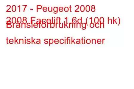 2017 - Peugeot 2008
2008 Facelift 1.6d (100 hk) Bränsleförbrukning och tekniska specifikationer