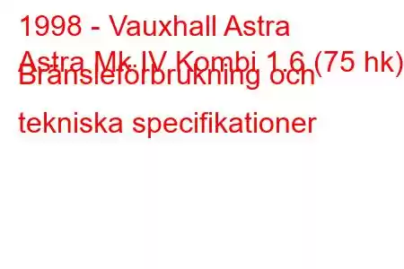 1998 - Vauxhall Astra
Astra Mk IV Kombi 1.6 (75 hk) Bränsleförbrukning och tekniska specifikationer