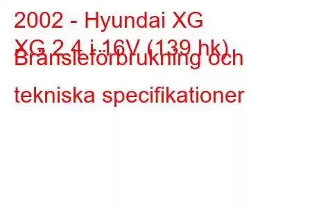 2002 - Hyundai XG
XG 2.4 i 16V (139 hk) Bränsleförbrukning och tekniska specifikationer