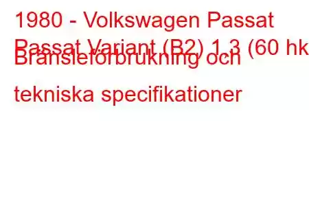 1980 - Volkswagen Passat
Passat Variant (B2) 1,3 (60 hk) Bränsleförbrukning och tekniska specifikationer