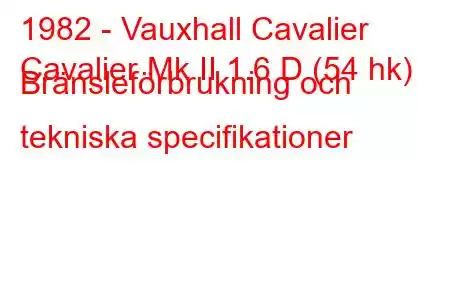 1982 - Vauxhall Cavalier
Cavalier Mk II 1.6 D (54 hk) Bränsleförbrukning och tekniska specifikationer