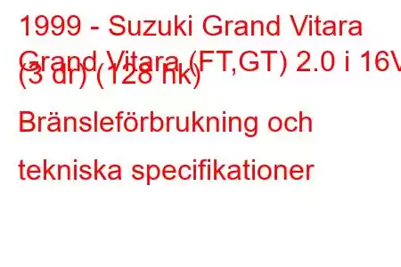 1999 - Suzuki Grand Vitara
Grand Vitara (FT,GT) 2.0 i 16V (3 dr) (128 hk) Bränsleförbrukning och tekniska specifikationer