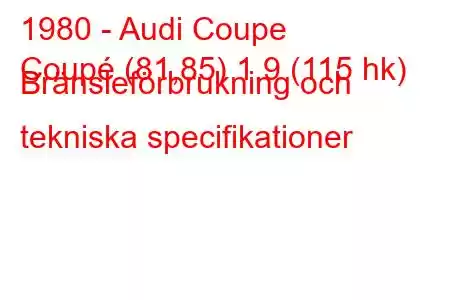 1980 - Audi Coupe
Coupé (81,85) 1,9 (115 hk) Bränsleförbrukning och tekniska specifikationer