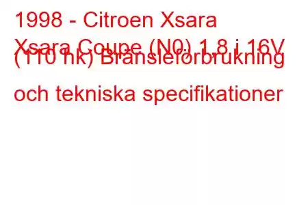 1998 - Citroen Xsara
Xsara Coupe (N0) 1,8 i 16V (110 hk) Bränsleförbrukning och tekniska specifikationer