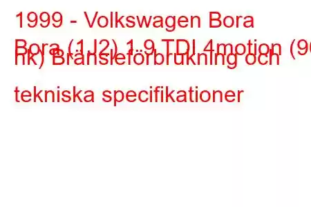 1999 - Volkswagen Bora
Bora (1J2) 1.9 TDI 4motion (90 hk) Bränsleförbrukning och tekniska specifikationer