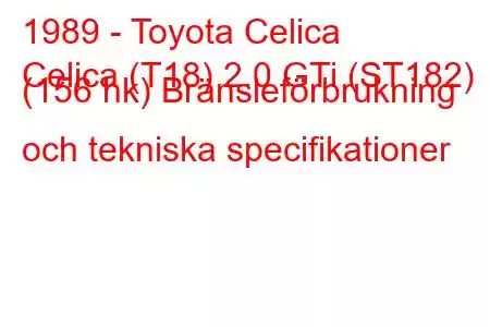 1989 - Toyota Celica
Celica (T18) 2.0 GTi (ST182) (156 hk) Bränsleförbrukning och tekniska specifikationer