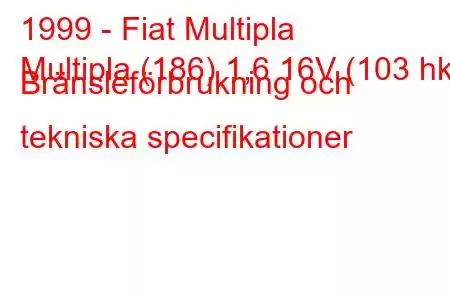 1999 - Fiat Multipla
Multipla (186) 1,6 16V (103 hk) Bränsleförbrukning och tekniska specifikationer