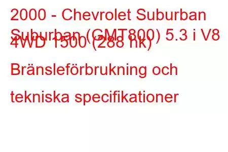 2000 - Chevrolet Suburban
Suburban (GMT800) 5.3 i V8 4WD 1500 (288 hk) Bränsleförbrukning och tekniska specifikationer