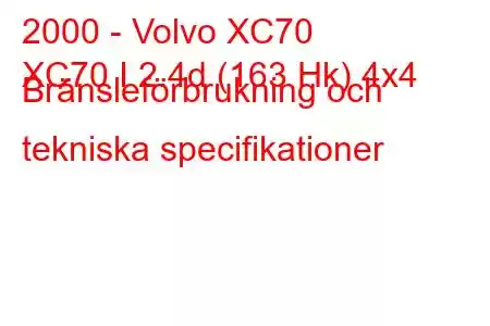 2000 - Volvo XC70
XC70 I 2.4d (163 Hk) 4x4 Bränsleförbrukning och tekniska specifikationer