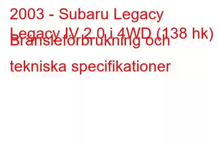 2003 - Subaru Legacy
Legacy IV 2.0 i 4WD (138 hk) Bränsleförbrukning och tekniska specifikationer