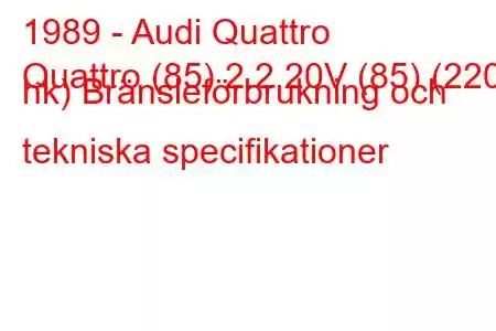 1989 - Audi Quattro
Quattro (85) 2.2 20V (85) (220 hk) Bränsleförbrukning och tekniska specifikationer