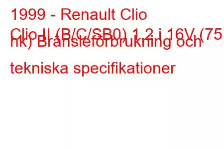 1999 - Renault Clio
Clio II (B/C/SB0) 1,2 i 16V (75 hk) Bränsleförbrukning och tekniska specifikationer