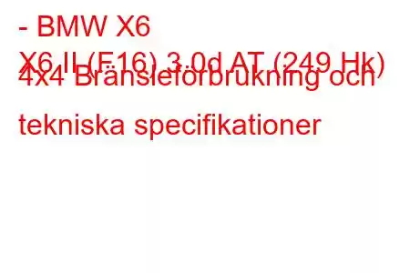 - BMW X6
X6 II (F16) 3.0d AT (249 Hk) 4x4 Bränsleförbrukning och tekniska specifikationer