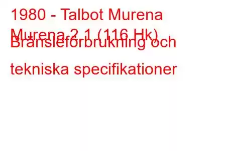 1980 - Talbot Murena
Murena 2.1 (116 Hk) Bränsleförbrukning och tekniska specifikationer