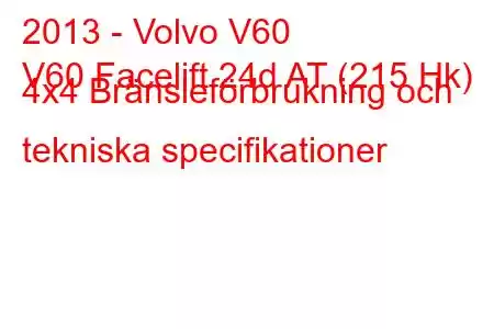 2013 - Volvo V60
V60 Facelift 24d AT (215 Hk) 4x4 Bränsleförbrukning och tekniska specifikationer