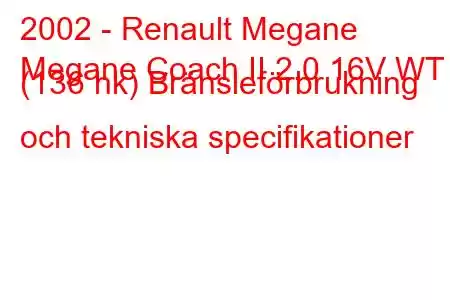 2002 - Renault Megane
Megane Coach II 2.0 16V WT (136 hk) Bränsleförbrukning och tekniska specifikationer