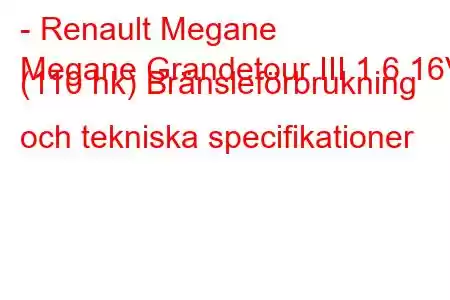 - Renault Megane
Megane Grandetour III 1.6 16V (110 hk) Bränsleförbrukning och tekniska specifikationer