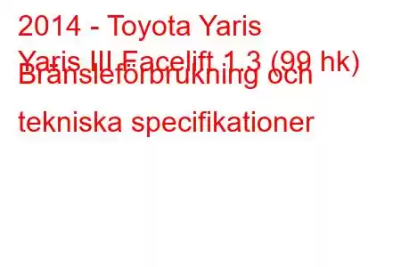 2014 - Toyota Yaris
Yaris III Facelift 1.3 (99 hk) Bränsleförbrukning och tekniska specifikationer