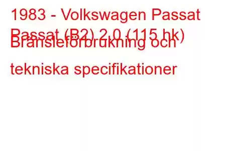 1983 - Volkswagen Passat
Passat (B2) 2.0 (115 hk) Bränsleförbrukning och tekniska specifikationer