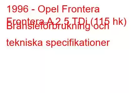 1996 - Opel Frontera
Frontera A 2,5 TDi (115 hk) Bränsleförbrukning och tekniska specifikationer