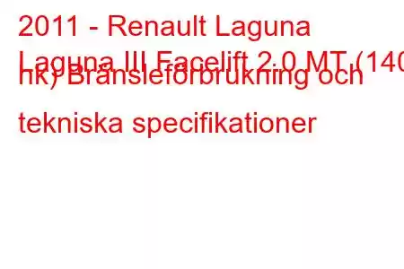 2011 - Renault Laguna
Laguna III Facelift 2.0 MT (140 hk) Bränsleförbrukning och tekniska specifikationer