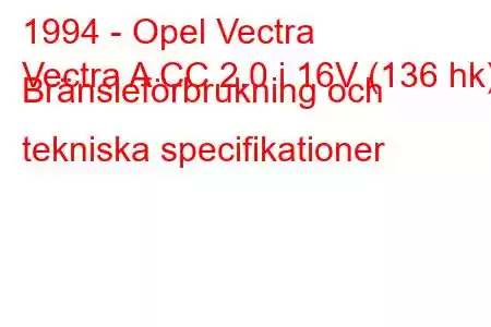 1994 - Opel Vectra
Vectra A CC 2.0 i 16V (136 hk) Bränsleförbrukning och tekniska specifikationer