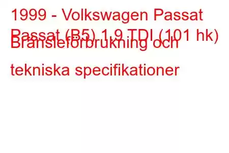 1999 - Volkswagen Passat
Passat (B5) 1.9 TDI (101 hk) Bränsleförbrukning och tekniska specifikationer