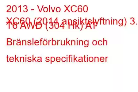 2013 - Volvo XC60
XC60 (2014 ansiktslyftning) 3.0 T6 AWD (304 Hk) AT Bränsleförbrukning och tekniska specifikationer