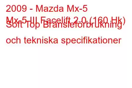 2009 - Mazda Mx-5
Mx-5 III Facelift 2.0 (160 Hk) Soft Top Bränsleförbrukning och tekniska specifikationer