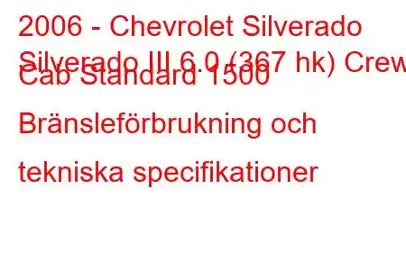 2006 - Chevrolet Silverado
Silverado III 6.0 (367 hk) Crew Cab Standard 1500 Bränsleförbrukning och tekniska specifikationer