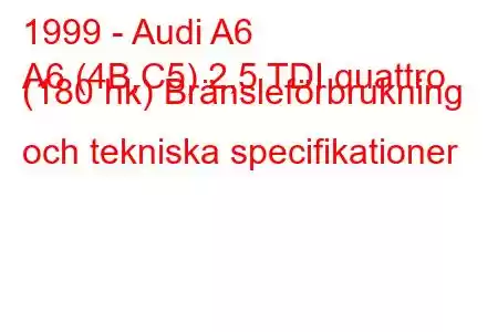 1999 - Audi A6
A6 (4B,C5) 2,5 TDI quattro (180 hk) Bränsleförbrukning och tekniska specifikationer