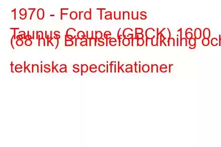 1970 - Ford Taunus
Taunus Coupe (GBCK) 1600 (88 hk) Bränsleförbrukning och tekniska specifikationer