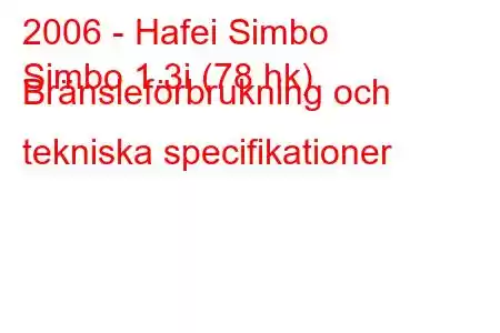 2006 - Hafei Simbo
Simbo 1.3i (78 hk) Bränsleförbrukning och tekniska specifikationer