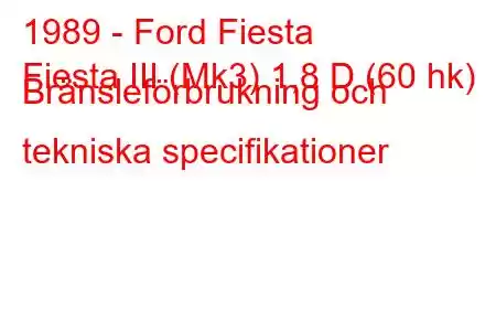 1989 - Ford Fiesta
Fiesta III (Mk3) 1,8 D (60 hk) Bränsleförbrukning och tekniska specifikationer