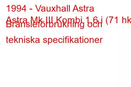 1994 - Vauxhall Astra
Astra Mk III Kombi 1.6 i (71 hk) Bränsleförbrukning och tekniska specifikationer