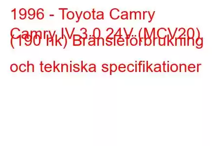 1996 - Toyota Camry
Camry IV 3.0 24V (MCV20) (190 hk) Bränsleförbrukning och tekniska specifikationer