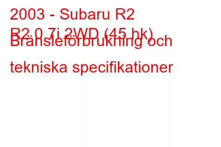 2003 - Subaru R2
R2 0.7i 2WD (45 hk) Bränsleförbrukning och tekniska specifikationer