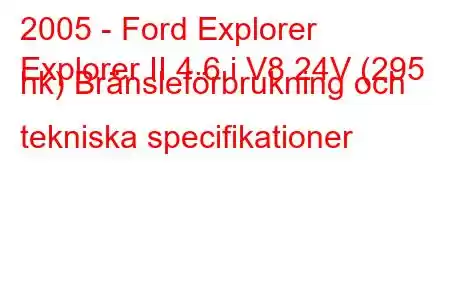 2005 - Ford Explorer
Explorer II 4.6 i V8 24V (295 hk) Bränsleförbrukning och tekniska specifikationer