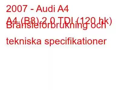 2007 - Audi A4
A4 (B8) 2.0 TDI (120 hk) Bränsleförbrukning och tekniska specifikationer