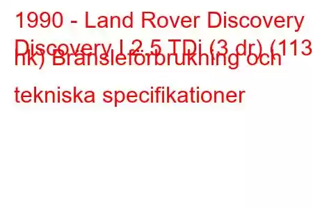 1990 - Land Rover Discovery
Discovery I 2.5 TDi (3 dr) (113 hk) Bränsleförbrukning och tekniska specifikationer