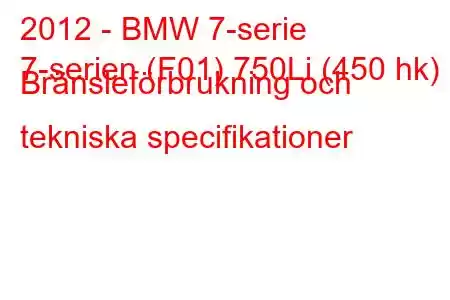 2012 - BMW 7-serie
7-serien (F01) 750Li (450 hk) Bränsleförbrukning och tekniska specifikationer