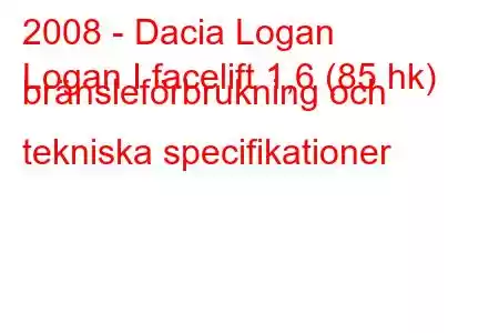 2008 - Dacia Logan
Logan I facelift 1,6 (85 hk) bränsleförbrukning och tekniska specifikationer