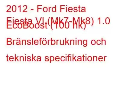 2012 - Ford Fiesta
Fiesta VI (Mk7-Mk8) 1.0 EcoBoost (100 hk) Bränsleförbrukning och tekniska specifikationer